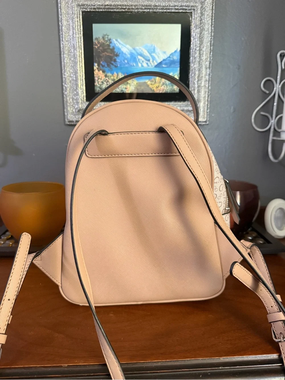 GUESS Beige Logo-Print Mini Backpack with Front Zip